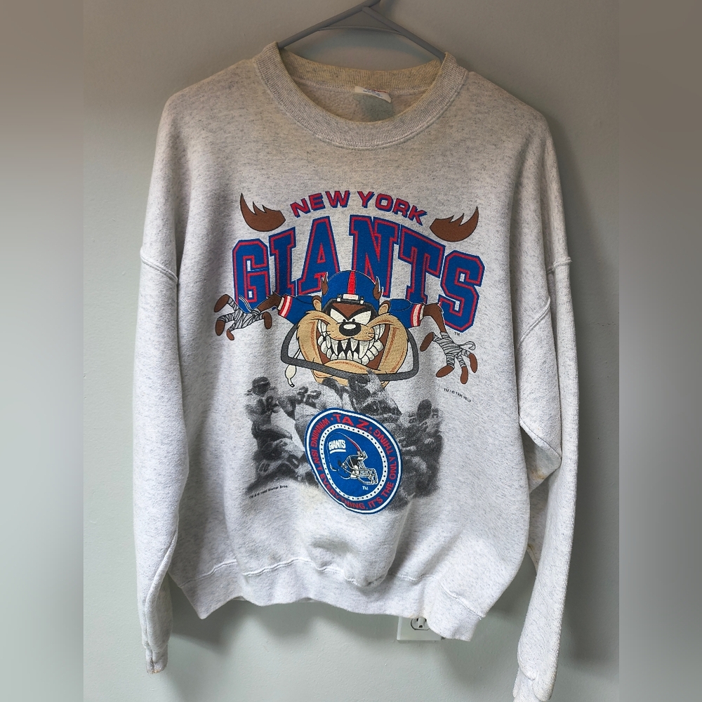 RARE VINTAGE 1995 OFFICIAL TAZ New York Giants Gray Sweater SIZE XL